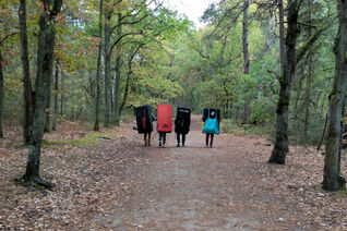 A group of climbers carrying crashpads in the forest of Fontainebleau