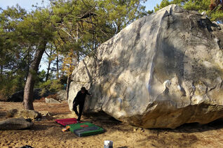 Preparing to try some of the slab style problem on a huge rectangular boulder in Fontainebleau